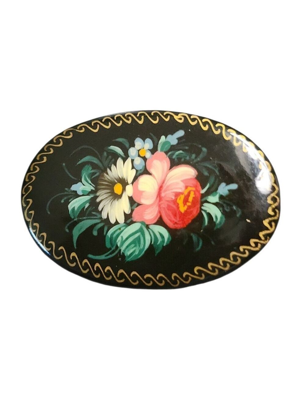 Vintage Russian Black Lacquer Hand-Painted Floral Brooch Signed
